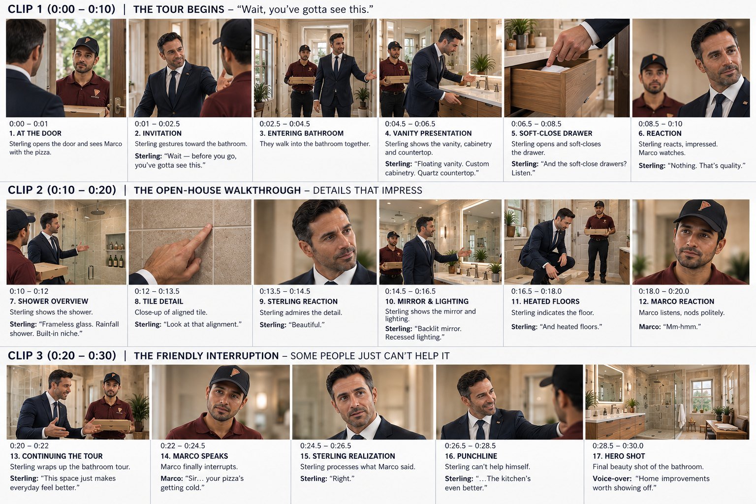 Storyboard, seventeen panels across three clips