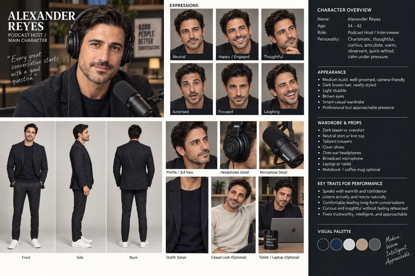 Alexander Reyes character sheet, podcast host