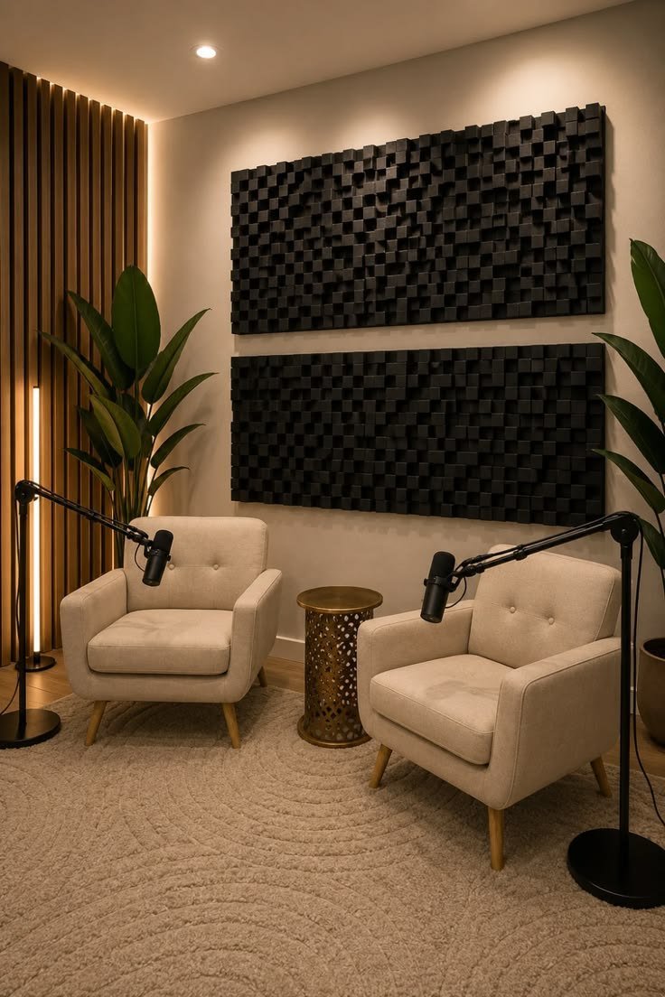 Podcast set reference, two chairs and microphones