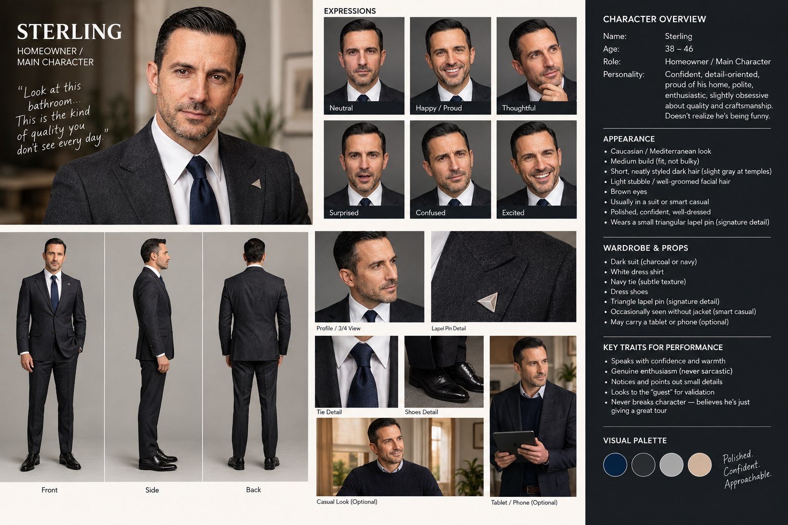 Sterling character sheet: portraits, expressions, turnaround, wardrobe and character spec
